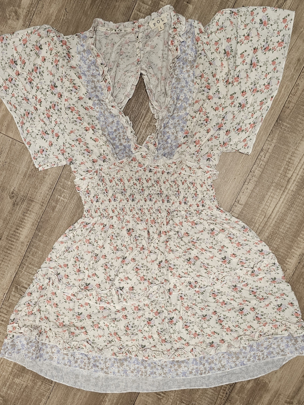 POL Floral Smocked Dress in Cream with Pink Blossoms